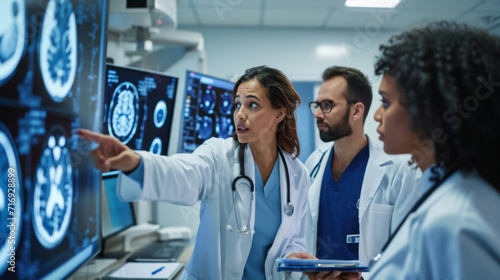 Group of medical professionals is intently examining a series of brain MRI scans displayed on a lightbox in a hospital or clinic setting.