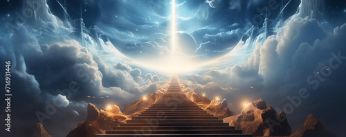 Stairs to Doors Paradise: Architectural Journey into a Mystical Wonderland, Discover the Enchanting Pathway, on religions Faith, forgiveness to God, Heavenly gate sunbeam gold motivation imagination