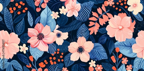 pink floral wallpaper in dark blue and pink Generative AI