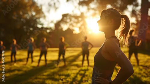 A fitness instructor leading an outdoor bootcamp at dawn.
