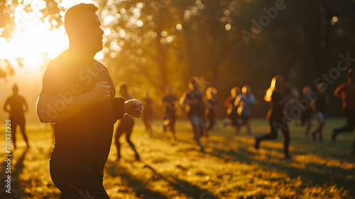 A fitness instructor leading an outdoor bootcamp at dawn.