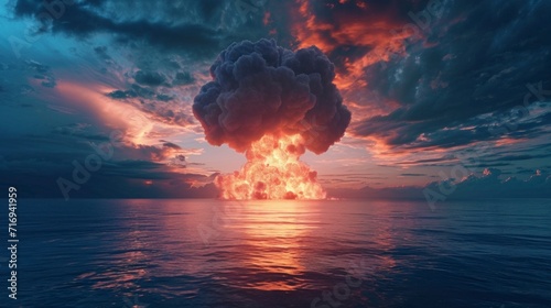 huge explosion of a nuclear bomb in the sea with gray smoke all over the sky, full of pollution. nuclear war concept