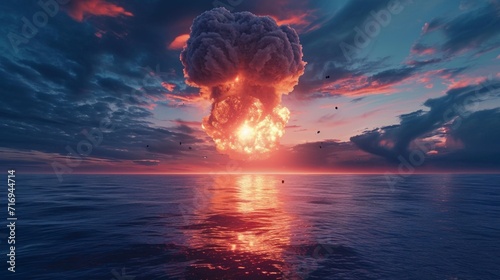 huge nuclear bomb explosion in the sea with smoke