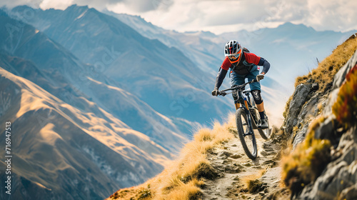 A mountain biker tackling a challenging trail surrounded by stunning natural scenery.