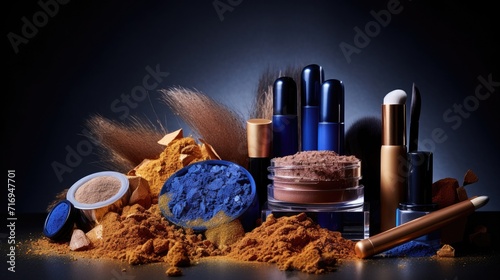 Beauty cosmetic product makeup with organic mineral colorants. Mineral cosmetics with ocher, lapis lazuli pigments. Loose cosmetic powder and eyeshadow with brushes in scattering of pigment in motion