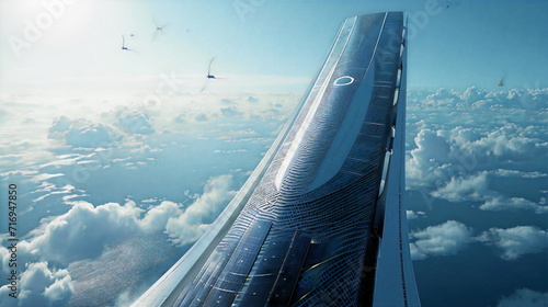 A sleek, futuristic skyscraper that harnesses renewable energy sources, such as solar panels and wind turbines, seamlessly integrated into its design