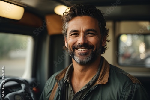 Portrait of happy truck driver looking at camera.