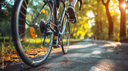 close-up of a person riding a bicycle on a sunlit path through a lush green forest