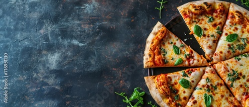 Four Cheese Pizza on a wooden background. Top view with copy space. Quattro Formaggi Pizza. Four cheese Pizza. Cheese Pull. Pizza on a Background with copyspace.