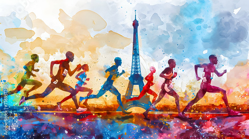 Artistic running figures and Paris landmark. Sports games concept.