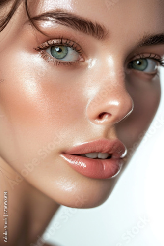 Close-up: Woman's face radiates natural beauty, healthy, clean skin. Flawless complexion adorned with minimal, natural makeup accentuates innate beauty isolated on white background.