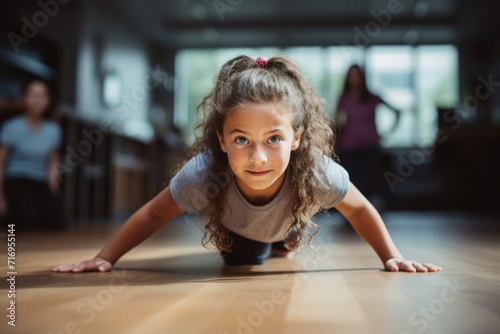 Portrait of a focused kid female doing push ups in an empty room. With generative AI technology