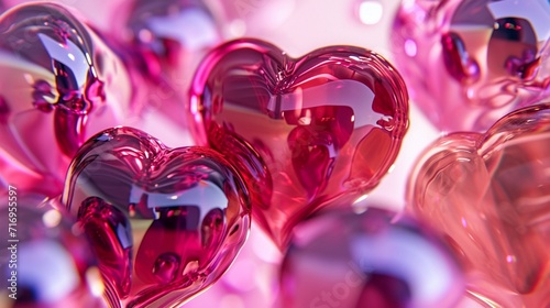 a romantic Valentine Wallpaper incorporating multicolored heart shapes. Use pink, red glass, and metallic love hearts to create a visually stunning 3D rendering
