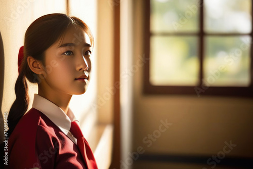 Portrait of asian girl in school uniform wearing white shirt and red tie at school
