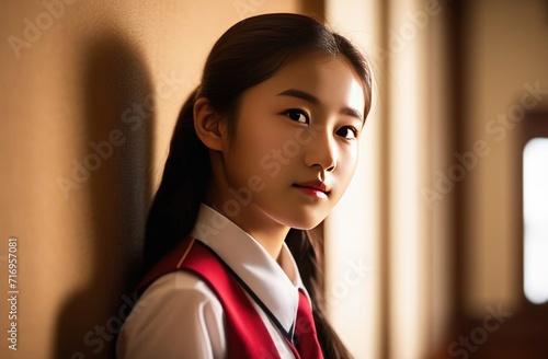 Portrait of asian girl in school uniform wearing white shirt and red tie at school