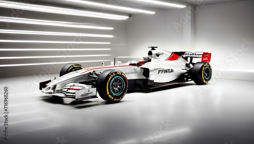 Race car, Formula 1 car on a white abstract background with professional lighting in the garage before the race. sports