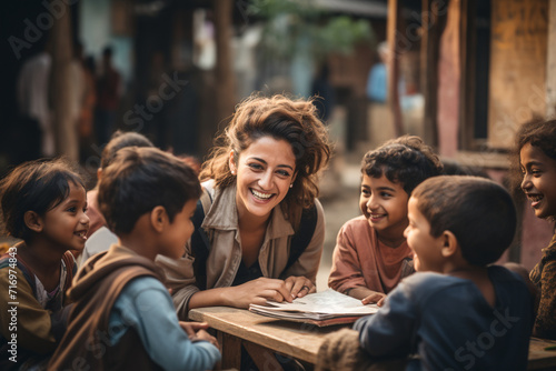 A heartwarming image of volunteers providing educational support to underprivileged children, highlighting the transformative impact of volunteer-driven initiatives on youth educat