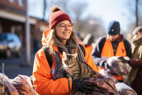 A vibrant image of volunteers organizing a pet adoption event, promoting the welfare of homeless animals and encouraging responsible pet ownership.