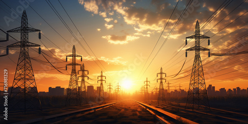 Silhouette of high voltage poles with electric wires. Silhouette of high voltage power line cables in an orange evening sunset. Steel structure of electric poles. electric power transmission concept 