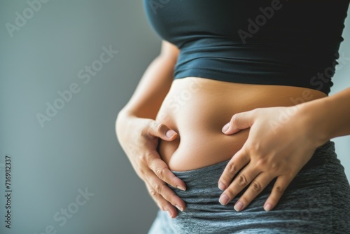 Closeup Of Womans Hand Grasping Excess Belly Fat, Illustrating Overweight Concept
