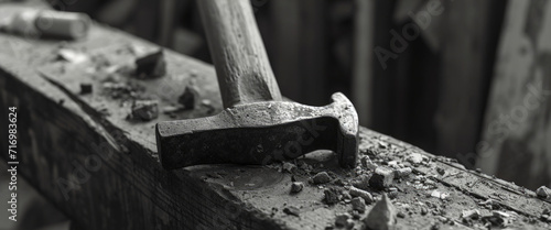 A hammer firmly stuck into a piece of wood. Suitable for construction and carpentry themes