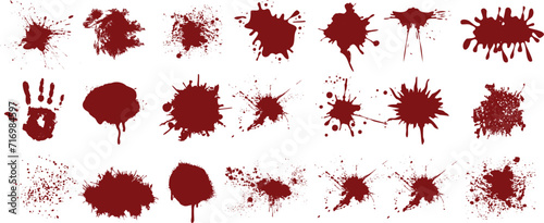 Blood splatter vector set, realistic red stains, drops, handprint. Ideal for horror, crime scene, Halloween designs. High-quality detailed graphics on a white background