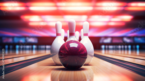 Bowling ball and pins on the bowling alley. 3d rendering