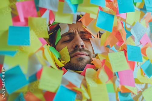 Overwhelmed Man Engulfed By Sticky Notes, Struggling To Keep Up