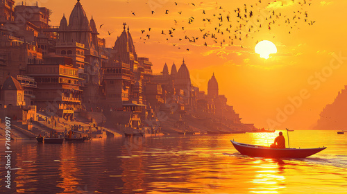 3d illustration of Ancient Varanasi city architecture at sunset with view of sadhu baba enjoying a boat ride on river Ganges. India.