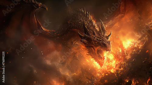 Fire breathes explode from a giant dragon in a black night, the epic battle evil concept art