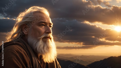 A wise man with a white beard at sunset