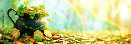 Big pot with gold coins, clover leaves and a rainbow above it. St. Patrick's Day celebration concept, banner