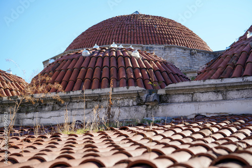 Historical old Turkish bath house roof in Safranbolu Turkey, domes, glass chimneys, selective focus