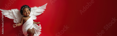 laughing baby angel cupid with white wings on red, valentines day sale and promotion, banner empty place for text