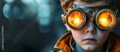 Amidst the sun's warm rays, a boy gazes out through his steampunk goggles, his face a portrait of curiosity and wonder