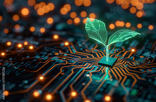  A glowing plant growing on a computer circuit board symbolizes green computing, technology sustainability, CSR, and IT ethics