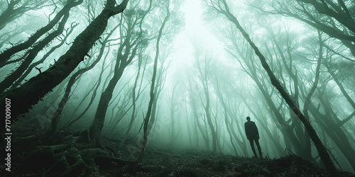  VUCA concept. Man standing in a foggy forest. Wide-angle shot showing dense, tangled trees to convey ambiguity and uncertainty in an unknown environment.