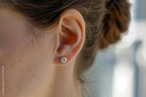 close-up of a woman ears with a pair of diamond earrings