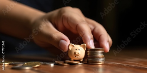minimalistic design Close up hand of asian young businessman, male putting coin into a piggy ceramic for saving cost, financial plans