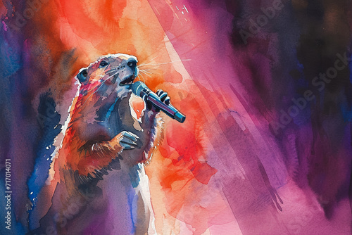 fantastic watercolor illustration of a groundhog holding a microphone
