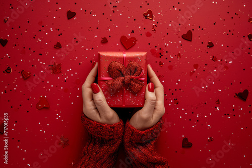 Close up female hands hold a red gift with a red ribbon on a red background among heart-shaped confetti. Valentine's day, romance, love, anniversary concept