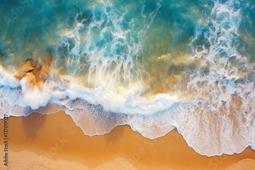 Top view of a sandy beach with ocean waves, perfect for a summer vacation and underwater ecosystem. Generative AI