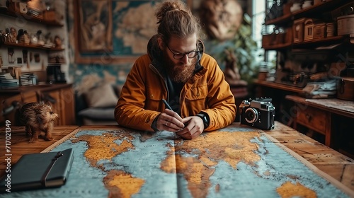 A travel blogger strategizing their day on a map. AI generate illustration