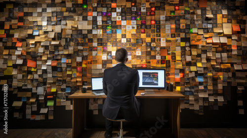 A businessman works sitting at a computer opposite a wall covered with reminder stickers