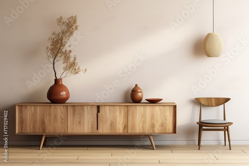Cabinet with a Japandi wooden design in a living room with Muji style simplicity against an empty wall background