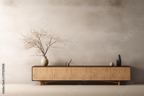Cabinet with a Japanese wooden design in a minimalist living room against an empty wall background
