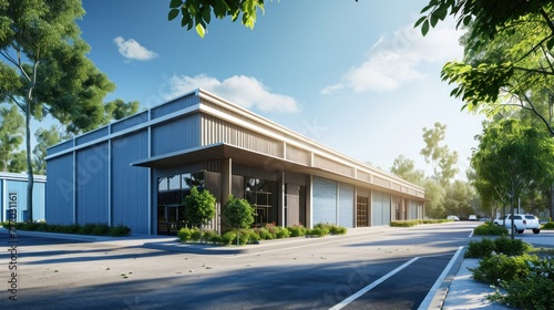 Exterior of a modern warehouse with a small office unit