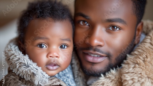 Loving father holding adorable baby with warm eye contact