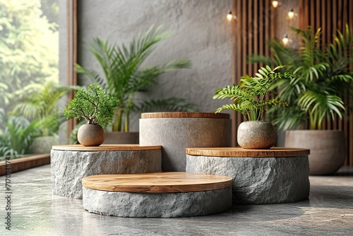 Pedestal for natural cosmetic product presentation. Stone and wood cylinders with plant leaves