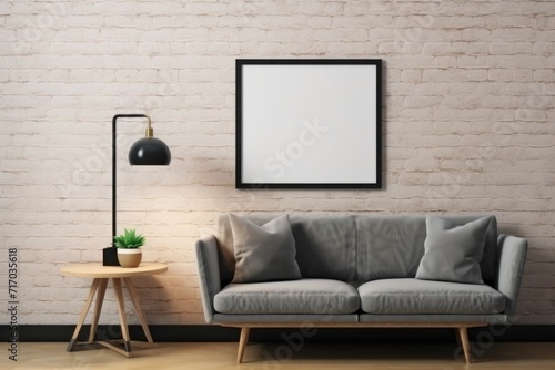 Interior of modern living room with mock up poster frame on brick wall